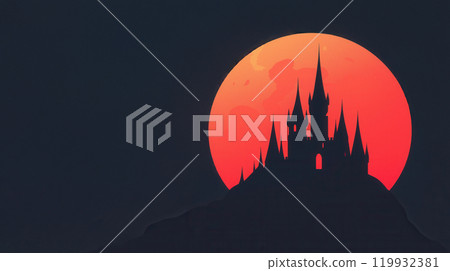 A dark silhouette of a castle against a large, glowing red moon 119932381