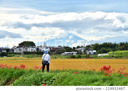 Bright red spider lilies blooming on the Chigasaki Koidegawa Promenade, Mount Fuji, and a female photographer Bright red spider lilies blooming on the Chigasaki Koidegawa Promenade, Mount Fuji, and a female photographer 119932467