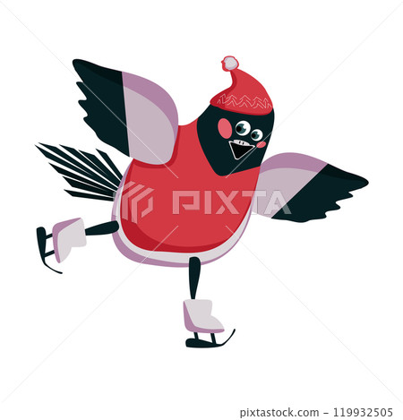 Funny bullfinch in a hat on skates Funny bullfinch in a hat on skates 119932505