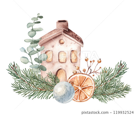 Christmas Watercolor Composition. Ceramic house with Glass ball, Fir Branches and eucalyptus. Orange slice and Winter berries. Cozy home decoration in Rustic style. Hand drawn illustration isolated on Christmas Watercolor Composition. Ceramic house with Glass ball, Fir Branches and eucalyptus. Orange slice and Winter berries. Cozy home decoration in Rustic style. Hand drawn illustration isolated on 119932524