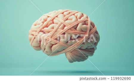 A creative representation of a brain wrapped in elastic bands, symbolizing stress, creativity, and cognitive challenges. 119932690