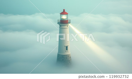 A serene lighthouse shines its beam through dense fog, guiding ships safely in a tranquil maritime setting. 119932732