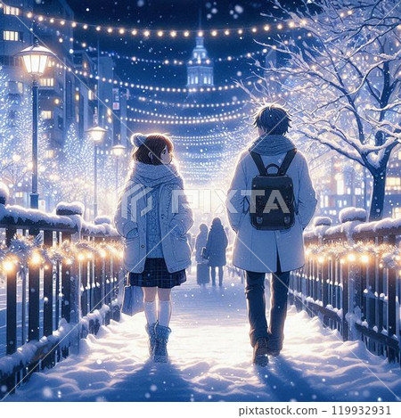 Snowy town illuminations, couple Snowy town illuminations, couple 119932931