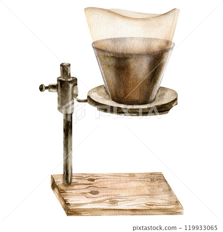Filtered coffee maker on wooden stand watercolor illustration. Vintage pot for morning caffeine drink, kitchen utensils clipart for cafes poster, wallpaper decor, product packing design Filtered coffee maker on wooden stand watercolor illustration. Vintage pot for morning caffeine drink, kitchen utensils clipart for cafes poster, wallpaper decor, product packing design 119933065