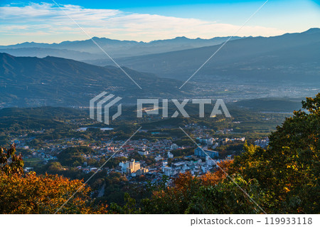 [Gunma Prefecture] Ikaho hot spring town and Akagi mountain range as seen from Takane Observatory in Ikaho 119933118