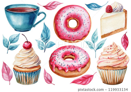 Coffee and sweets watercolor set, donuts, cupcake with cherry, cheesecake, leaf decor, hand-painted dessert illustration 119933134