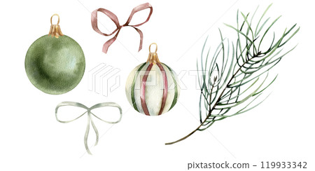 Christmas vintage decorative balls with colorful bows and pine branch watercolor set. New year festive collection. Hand drawn decorations for Christmas tree,invitation, gift design Christmas vintage decorative balls with colorful bows and pine branch watercolor set. New year festive collection. Hand drawn decorations for Christmas tree,invitation, gift design 119933342
