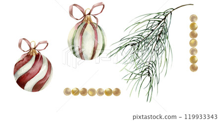 Christmas tree decoration elements with vintage striped balls , pine branch and golden beads set.Winter season and new year festive isolated elements for greeting card, invitation, packing design 119933343