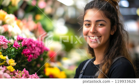 Young hispanic woman with smile, passionate florist at work in flower shop, surrounded by of vibrant blooms. Perfect for designs related to gardening, retail, small business, customer service 119933626