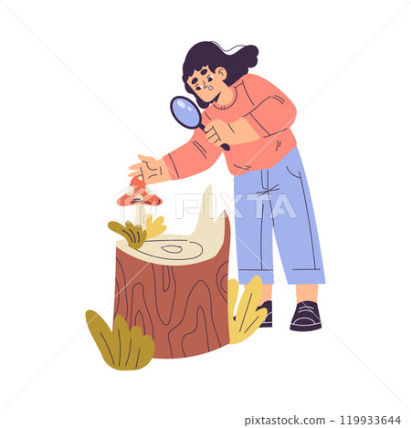Girl Studying Mushroom Plant with Magnifier Exploring Nature Vector Illustration Girl Studying Mushroom Plant with Magnifier Exploring Nature Vector Illustration 119933644