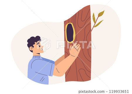 Boy Studying Plant Looking in Tree Hollow Exploring Nature Vector Illustration Boy Studying Plant Looking in Tree Hollow Exploring Nature Vector Illustration 119933651