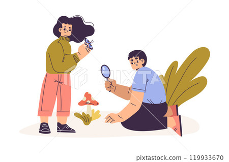Boy and Girl Studying Plant and Insect Exploring Nature Vector Illustration 119933670
