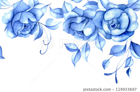 watercolor seamless border with blue flowers. blue roses, vintage frame 119933697