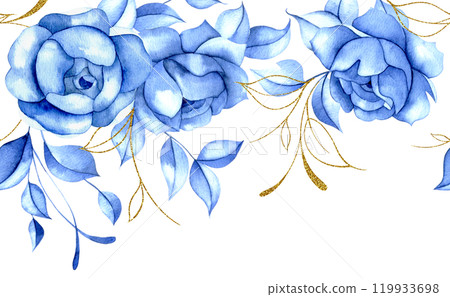 seamless border of watercolor blue rose flowers with gold leaves. blue roses, vintage frame seamless border of watercolor blue rose flowers with gold leaves. blue roses, vintage frame 119933698