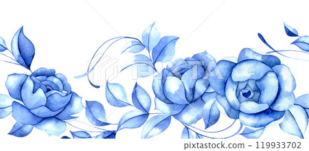watercolor seamless border with blue flowers. blue roses, vintage frame watercolor seamless border with blue flowers. blue roses, vintage frame 119933702