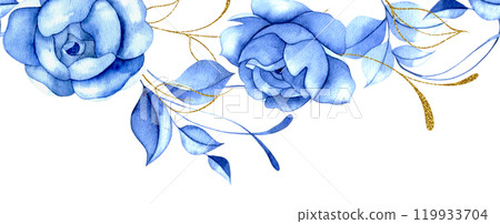 seamless border of watercolor blue rose flowers with gold leaves. blue roses, vintage frame 119933704