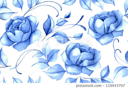 watercolor seamless pattern with blue flowers. blue roses, vintage print 119933707