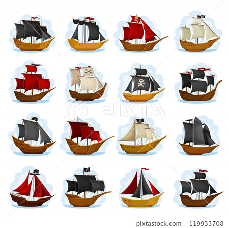 Pirate Ship with Black and Red Sails and Wooden Deck Vector Set 119933708