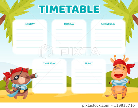 Cute Animal Pirate and Sea Robber School Timetable Vector Template 119933710