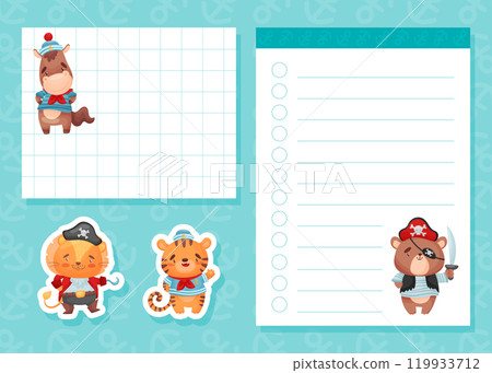 Cute Animal Pirate and Sea Robber Empty Note Card Vector Template Cute Animal Pirate and Sea Robber Empty Note Card Vector Template 119933712