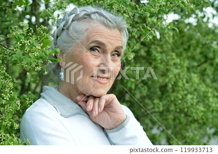 Portrait of a beautiful elderly woman in the park 119933713