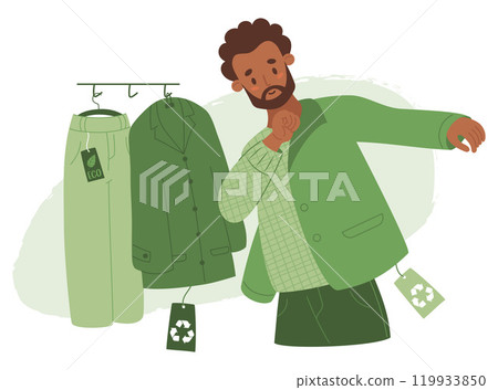 Eco Shopping. Black ethnic man trying on jacket made from recycled material. Buying eco-friendly clothes. Hanger with apparel. Concept of sustainable fashion and green technology. Vector illustration 119933850