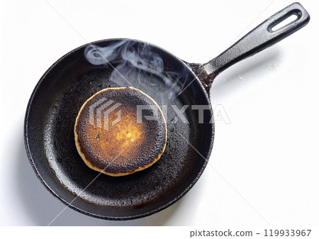 Burnt pancakes cooked in a frying pan 119933967