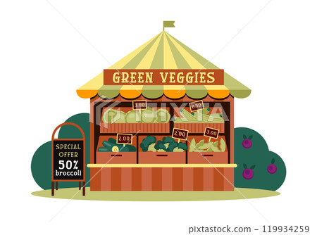 Eco Market Kiosk Selling Fresh Green Vegetables with Special Offer Board and prices in a flat style 119934259
