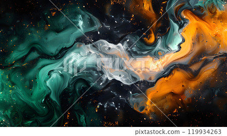 Abstract swirling paint in green and yellow 119934263