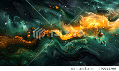 Abstract swirling paint in green and yellow 119934266