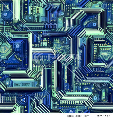 Repeated seamless circuit board illustration material - blue and green 119934352