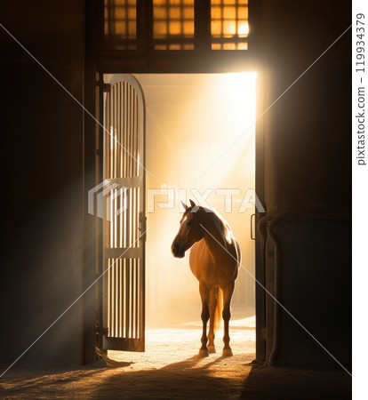 Working horse in a dark stable with sunlight peeking through the wooden door 119934379