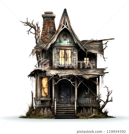 Scary house isolated on white background. Creepy haunted mansion. Spooky Halloween villa 119934392