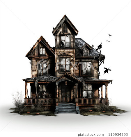 Scary house isolated on white background. Creepy mansion. Old bewitched abandoned building. Spooky dark Halloween manor 119934393