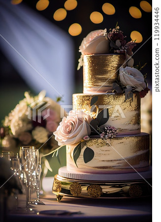 Wedding cake decorated with a beautiful decor of cream. 119934446