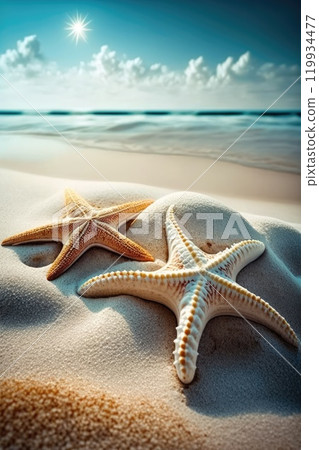 Starfish and sea shells with sand as background 119934477