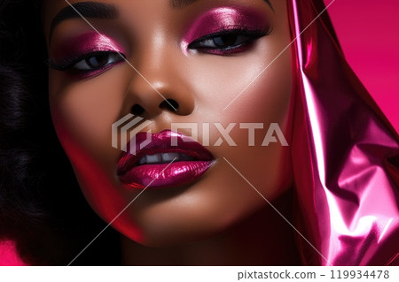 Portrait closeup of beautiful black woman. Fashion girl with stylish makeup. Metallic lips and eyeshadows. Bright pink color palette 119934478