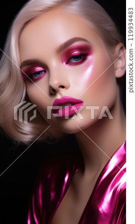 Blonde woman face with pink makeup. A girl with magenta make-up. Bright metallic eyeshadows and lipstick. 119934483