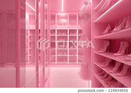 luxury fashionable doll like interior. Dressing room in pink colors. Wardrobe-room. 119934650