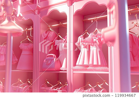 Pink toy wardrobe with doll clothes in it. Plastic tiny furniture. Girls toy. Generative Ai 119934667