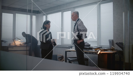 Office robbery or murder case: Investigation team at crime scene Office robbery or murder case: Investigation team at crime scene 119934740