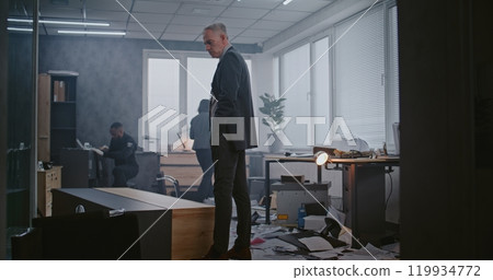 Robbery case in office room: Crime investigation team working 119934772