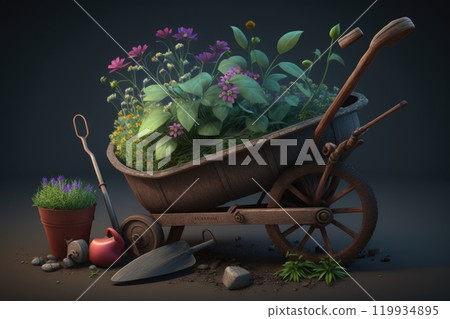 Wheelbarrow with flowers and gardening equipment 119934895