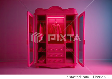 Pink toy wardrobe with doll clothes in it. Plastic tiny furniture. Girls toy. Generative Ai 119934899