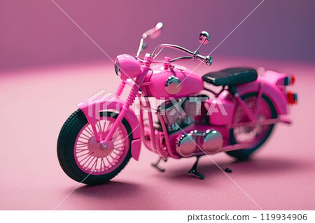 Pink play bike. Small motorcycle model for dolls. The concept of women's transport. 119934906