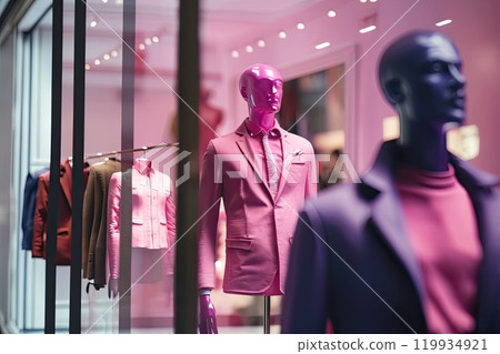 A mannequin in a pink clothes stands in the window of a clothing store. Men's suit and shirt. Generative Ai A mannequin in a pink clothes stands in the window of a clothing store. Men's suit and shirt. Generative Ai 119934921
