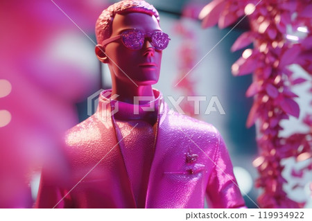 A mannequin in a pink clothes stands in the window of a clothing store. Men's suit and shirt. Generative Ai A mannequin in a pink clothes stands in the window of a clothing store. Men's suit and shirt. Generative Ai 119934922