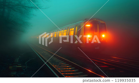 Train moving through dense fog at night 119935035