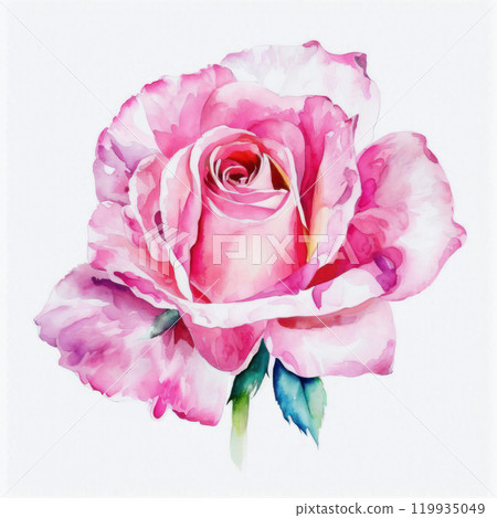 Pink rose flower and leaves. Watercolor illustration on white background. Design for invitations, greeting cards etc. Generative AI. 119935049