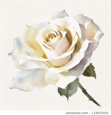 White rose flower and leaves. Watercolor illustration on white paper background. Generative AI. 119935050